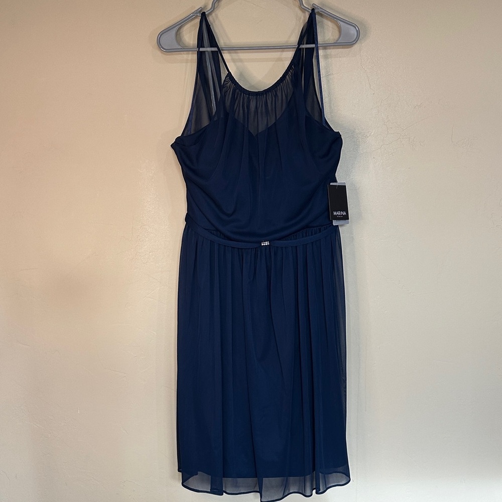 NWT Marina cocktail dress Blue Rhinestone detail belt sheer overlay Sz 16 - Picture 4 of 12